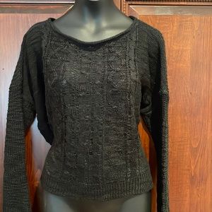 Revamped black loose knit crop sweater with drop down back cable stitch  Sz M